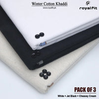 Pack of 3 Winter Cotton Khaddi | White, Jet Black & Cheasy Cream