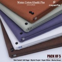 Pack of 5 Winter Cotton Khaddi Plus | Dark Camel, Soft Sage, Mystic Purple, Super White & Mocha Brown