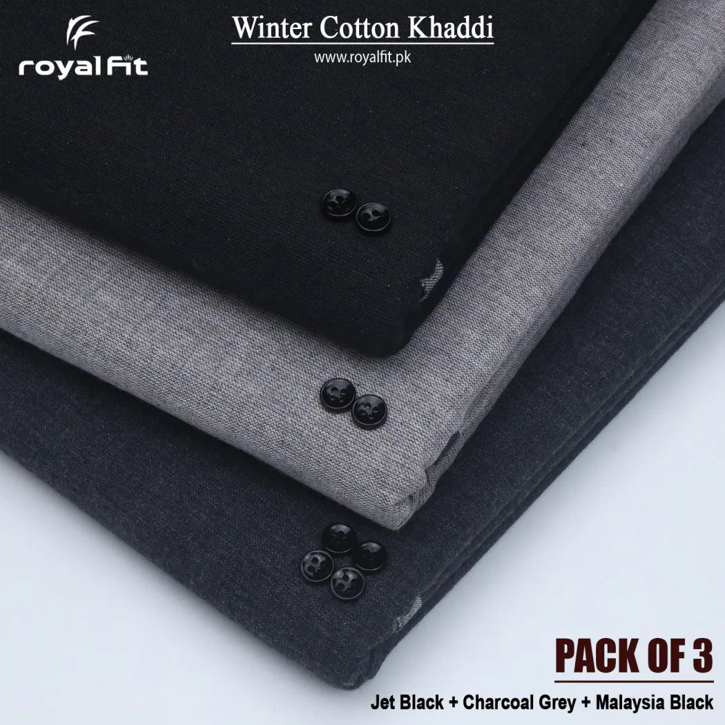 Pack of 3 Winter Cotton Khaddi | Jet Black, Charcoal Grey & Malaysia Black