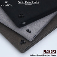 Pack of 3 Winter Cotton Khaddi | Jet Black, Charcoal Grey & Dark Tobacco