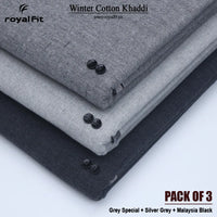 Pack of 3 Winter Cotton Khaddi | Grey Special, Silver Grey & Malaysia Black