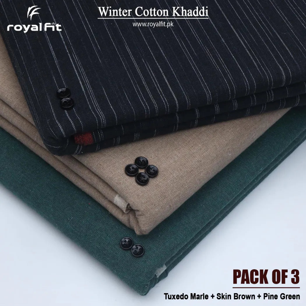 Pack of 3 Winter Cotton Khaddi | Tuxedo Marle, Skin Brown & Pine Green
