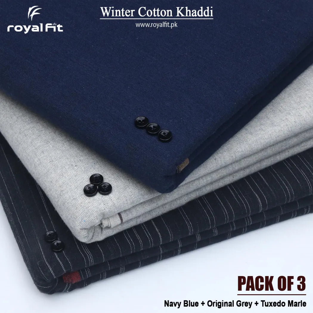 Pack of 3 Winter Cotton Khaddi | Navy Blue, Original Grey & Tuxedo Marle
