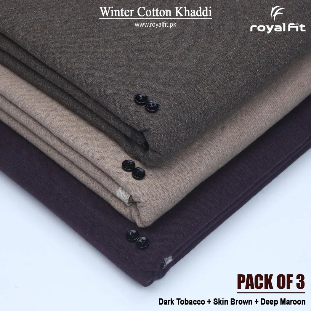 Pack of 3 Winter Cotton Khaddi | Dark Tobacco, Skin Brown & Deep Maroon