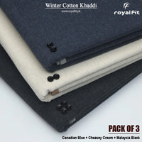 Pack of 3 Winter Cotton Khaddi | Canadian Blue, Cheasy Cream & Malaysia Black