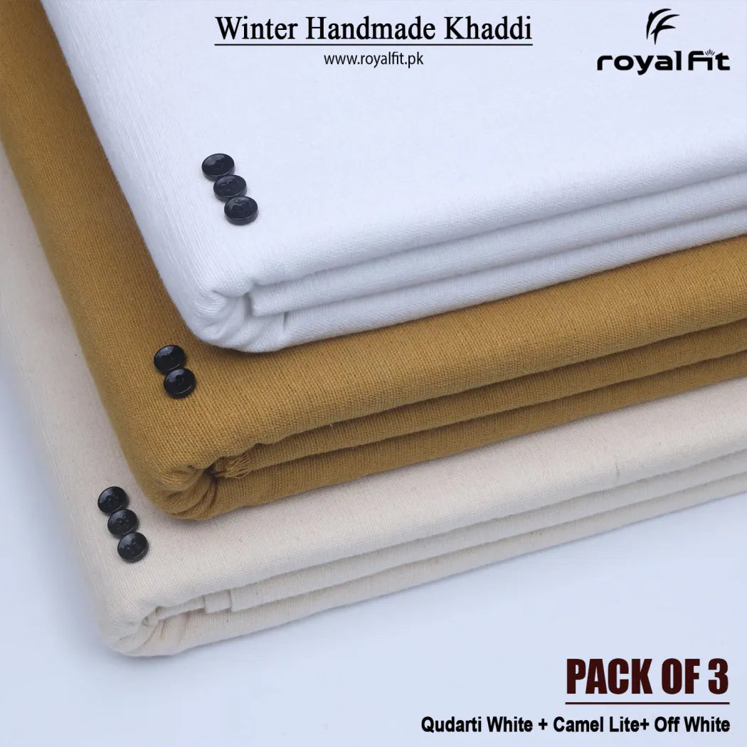 Pack of 3 Winter Handmade Khaddi | Qudarti White, Camel Lite & Off White