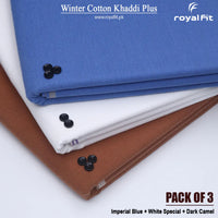 Pack of 3 Winter Cotton Khaddi Plus | Imperial Blue, White Special & Dark Camel