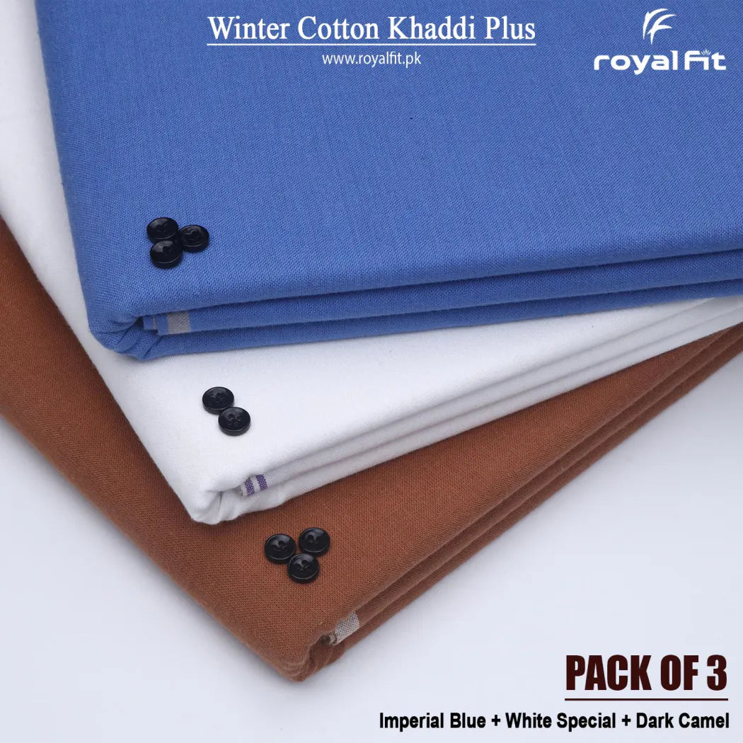 Pack of 3 Winter Cotton Khaddi Plus | Imperial Blue, White Special & Dark Camel