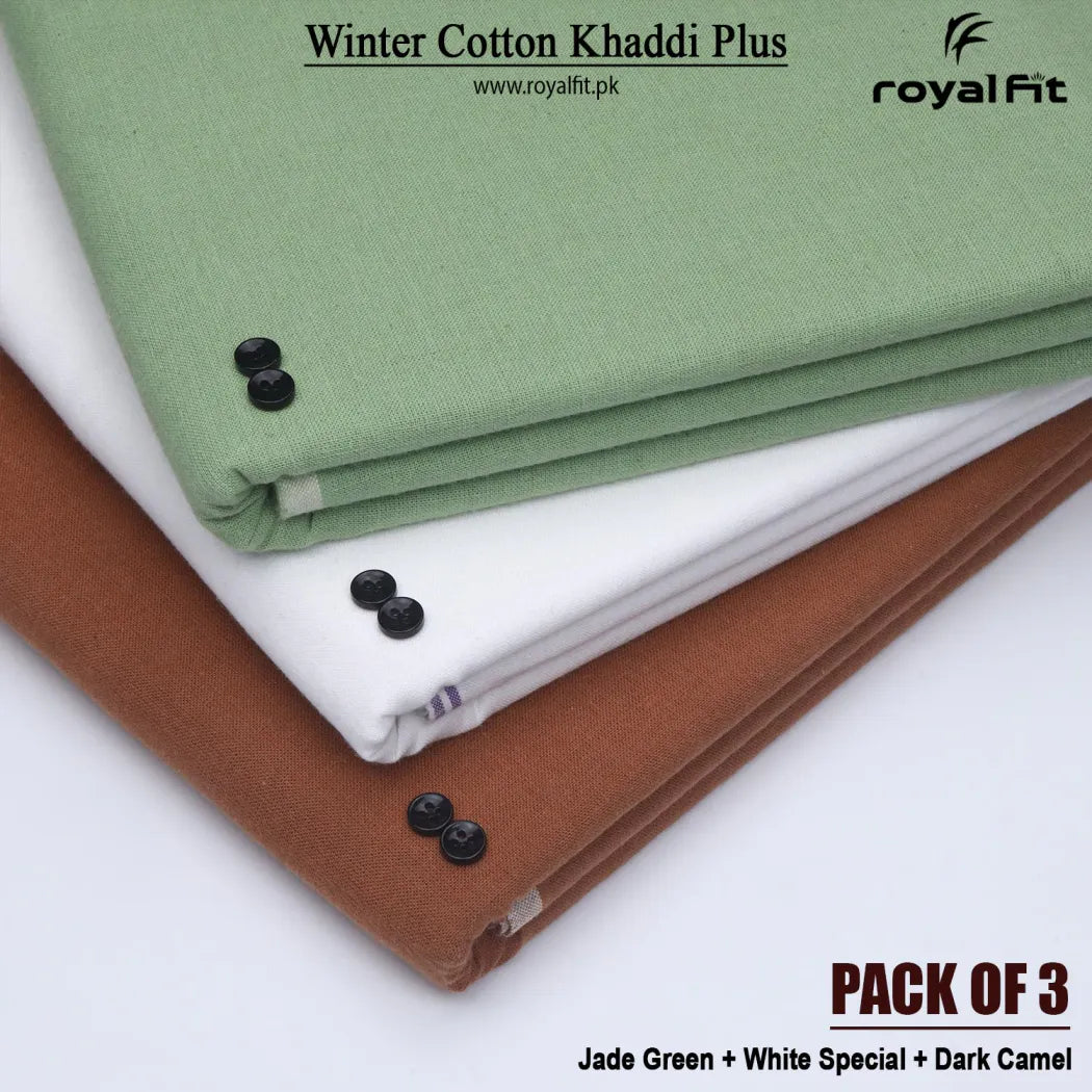 Pack of 3 Winter Cotton Khaddi Plus | Jade Green, White Special & Dark Camel