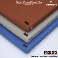 Pack of 3 Winter Cotton Khaddi Plus | Dark Camel, Ivory Beige & Imperial Blue