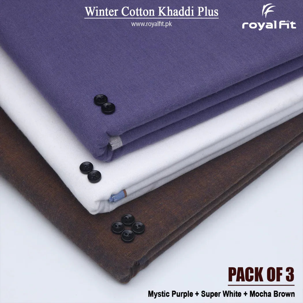 Pack of 3 Winter Cotton Khaddi Plus | Mystic Purple, Super White & Mocha Brown